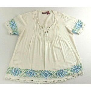 Red Ranch Cream Short Sleeve Blue Embroidered Peasant Blouse Top Womens Medium